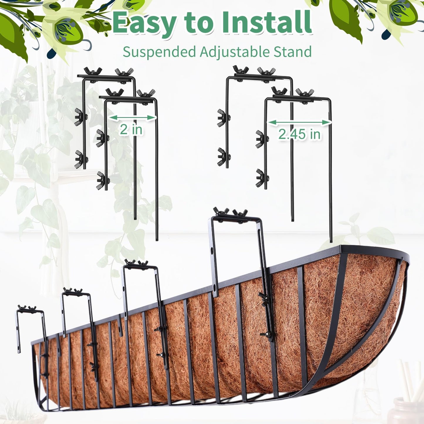 Tessco for you 4 Pack 48 Inch Window Baskets with Coconut Liner 4 Adjustable Flower Brackets Window Deck Planters Boxes Railing Planter Metal Hanging Flower Planter for Indoor Outdoor Lawn