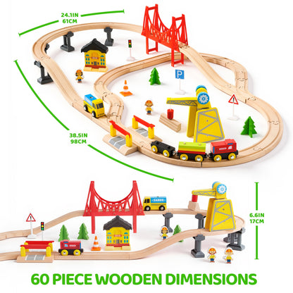60PCS Wooden Train Set - Toy Magnetic Trains with Wooden Track Set for Kids Ages 3-8, Construction Crane Railway Set, Perfect Easter Birthday Gift for Grandkids Toddlers Boys Girls