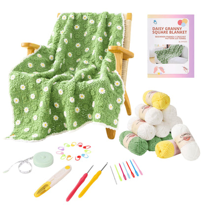 CSWCS Crochet Blanket Kit for Beginners, Daisy Granny Square Throw Kit for Adults, Easy Learn How to Knitting with Yarn & Hook, Complete Starter Set with Step-by-Step Instructions (39" x 31")