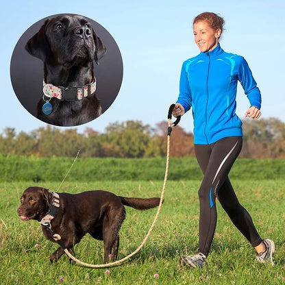 Ladoogo Reflective Dog Collar Padded with Soft Neoprene Breathable Adjustable Nylon Dog Collars for Small Medium Large Dogs (Large (Pack of 1), Vanila/Pink Floral Collar+Leash)