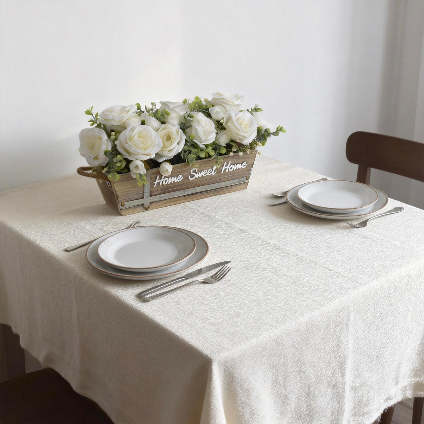 ANMAYNICE Artificial Rose Flower Arrangement with Eucalyptus in Wooden Planter, Faux Flowers Farmhouse Table Centerpiece, “Home Sweet Home” Rustic Home Décor, White