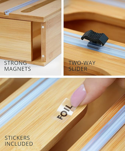 ROYAL CRAFT WOOD Bamboo Kitchen Foil and Plastic Wrap Organizer for Drawer with Cutter 2-Slots