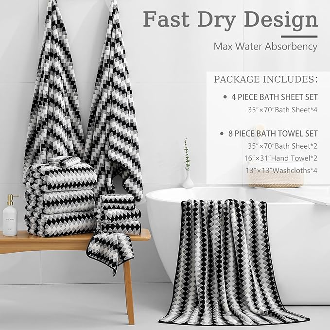 4 Piece Bath Towel Black Oversized Bath Sheet 35"x70" Bathroom Towel Extra