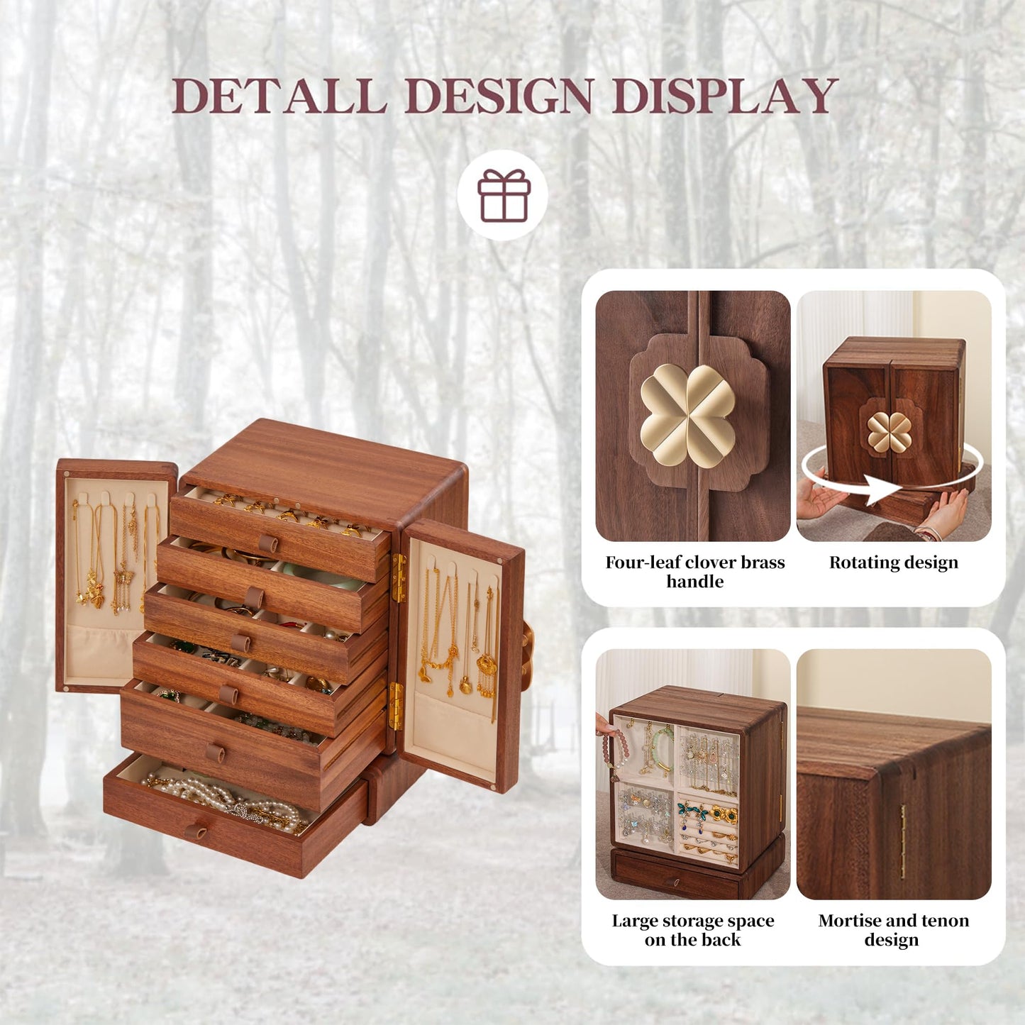 KAOTGOT Jewelry Box for Women Wooden Jewelry Box Organizer With Drawers Jewelry Storage Organizer for Earring, Ring, Necklace, Bracelets