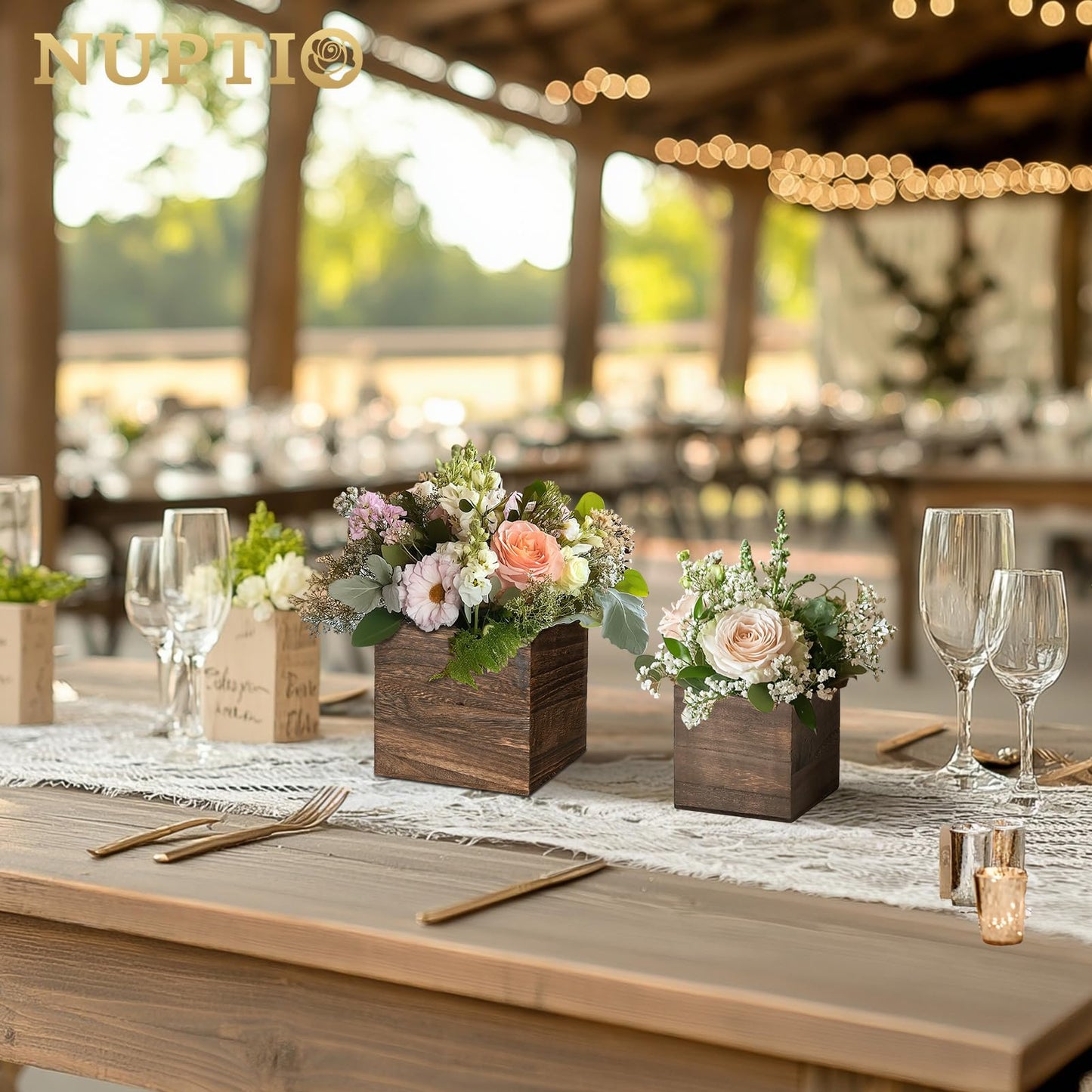 NUPTIO Wooden Box for Centerpiece Wedding: 6 Pcs Rustic Square Planter Box for Christmas Table Fall Decorations - 4×4" & 5×5" Small Wood Vases Flower Pots for Windowsill Home Garden Decor