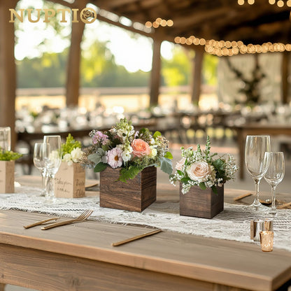 NUPTIO Wooden Box for Centerpiece Wedding: 6 Pcs Rustic Square Planter Box for Christmas Table Fall Decorations - 4×4" & 5×5" Small Wood Vases Flower Pots for Windowsill Home Garden Decor