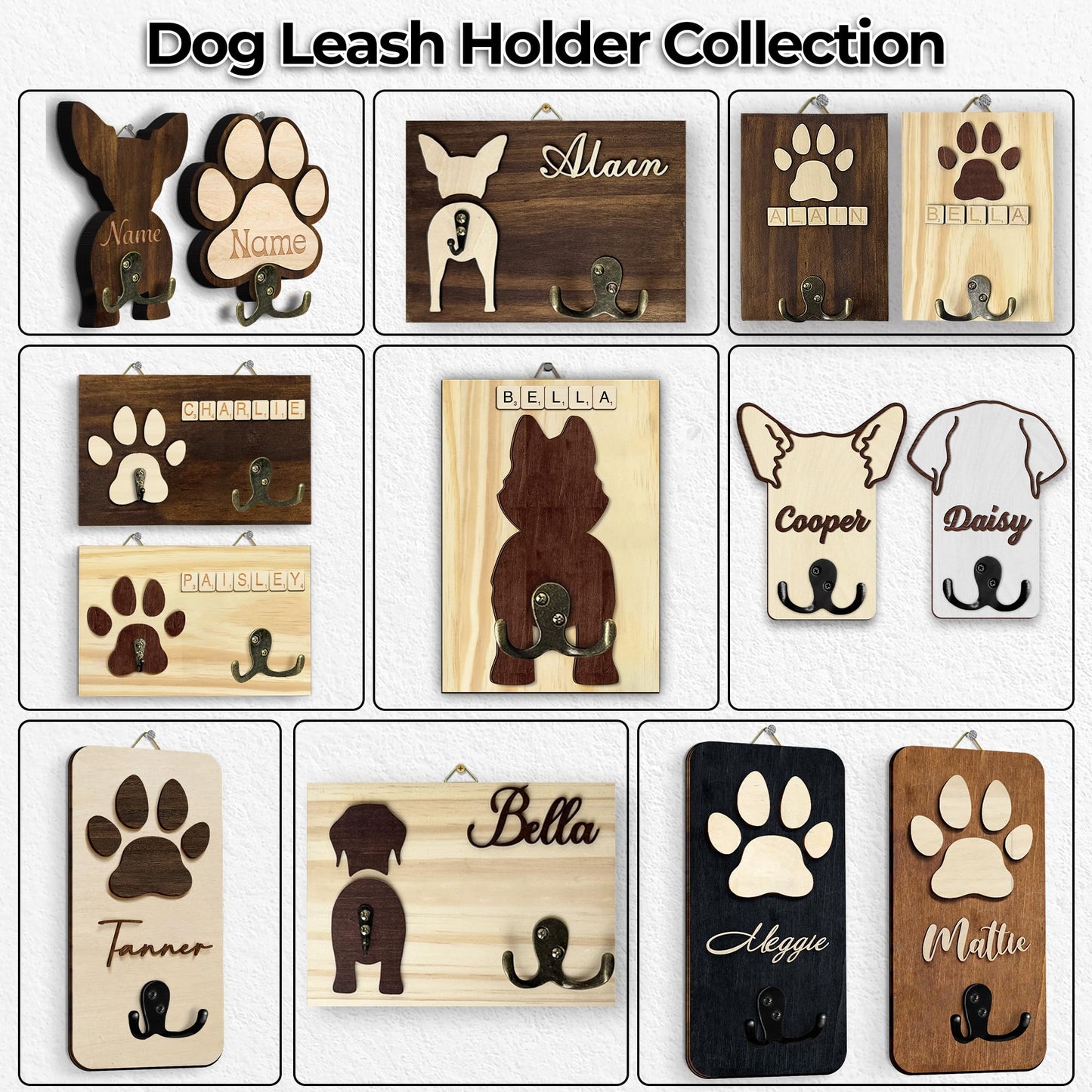 VINARTSVN Husky Dog Leash Holder Wall Mount with Scrabble Letters, Wooden Dog Wall Hook Organizer, Pet Collar and Harness Holder Entryway, Key Hook & Leash Rack, Home Decor for Pet Lovers PF297-45