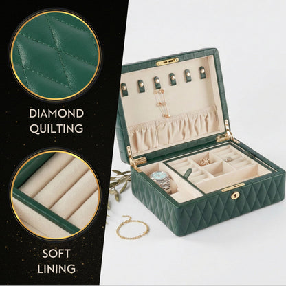 Bey-Berk Diamond-Quilted Leather Travel Jewelry Box (Green), 8" x 10.5" x 4.75" Locking Organizer with Necklace Hooks, Ring Rows and Watch Section