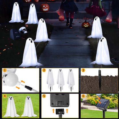 Halloween Decorations, 6 Pack 18.9'' High Solar Small Ghost String Stake Lights 12.8 FT, White Small Cloth Ghost Stakes with 8 Lighting Modes and Waterproof Outdoor Garden/Yard Path Lights, Clod Light