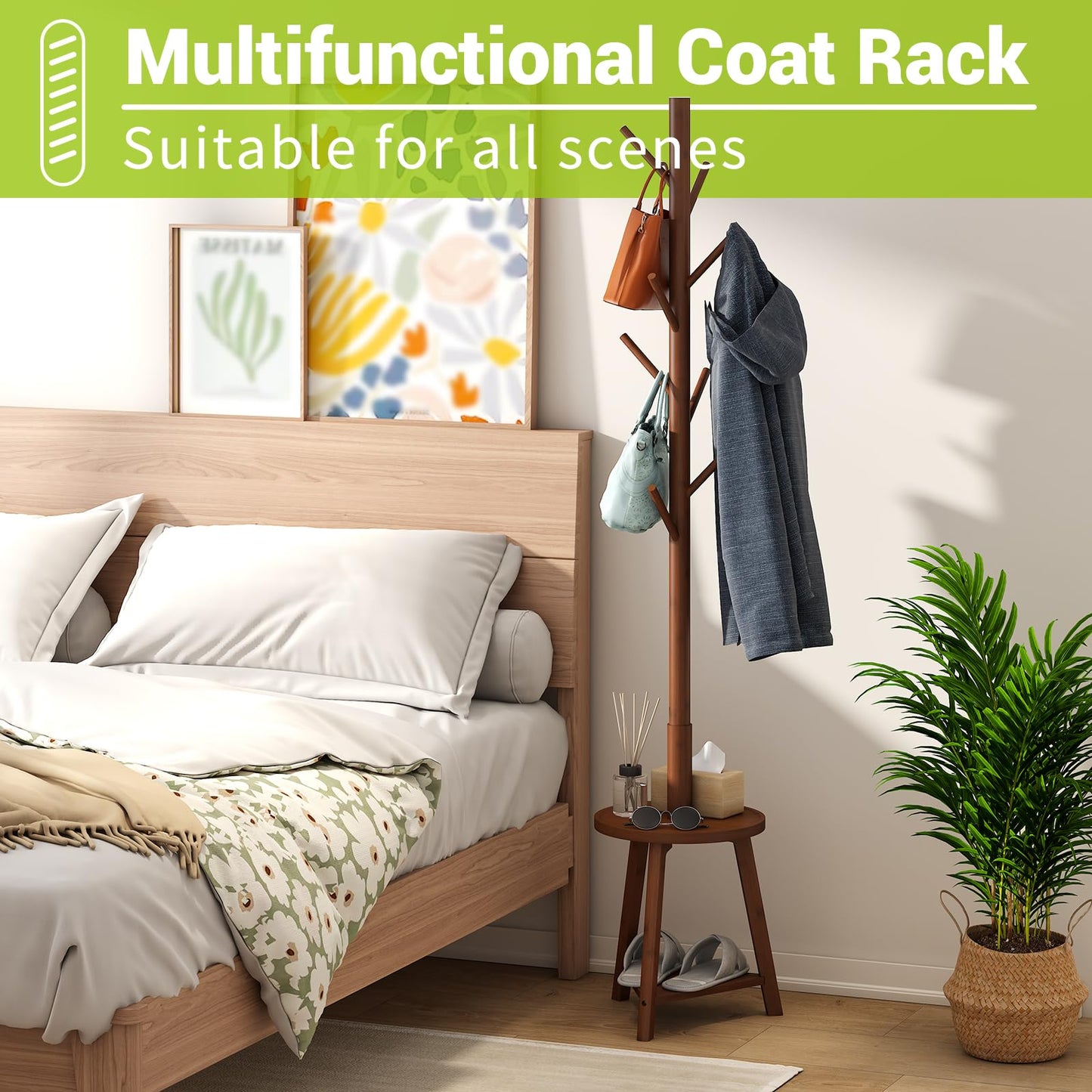 BMOSU Coat Rack freestanding Stand with 2 Shelves Bamboo Wooden Coat Tree Easy Assembly 8 Hooks Standing Jackets Hanger Hallway Office Floor Coat Stand Brown