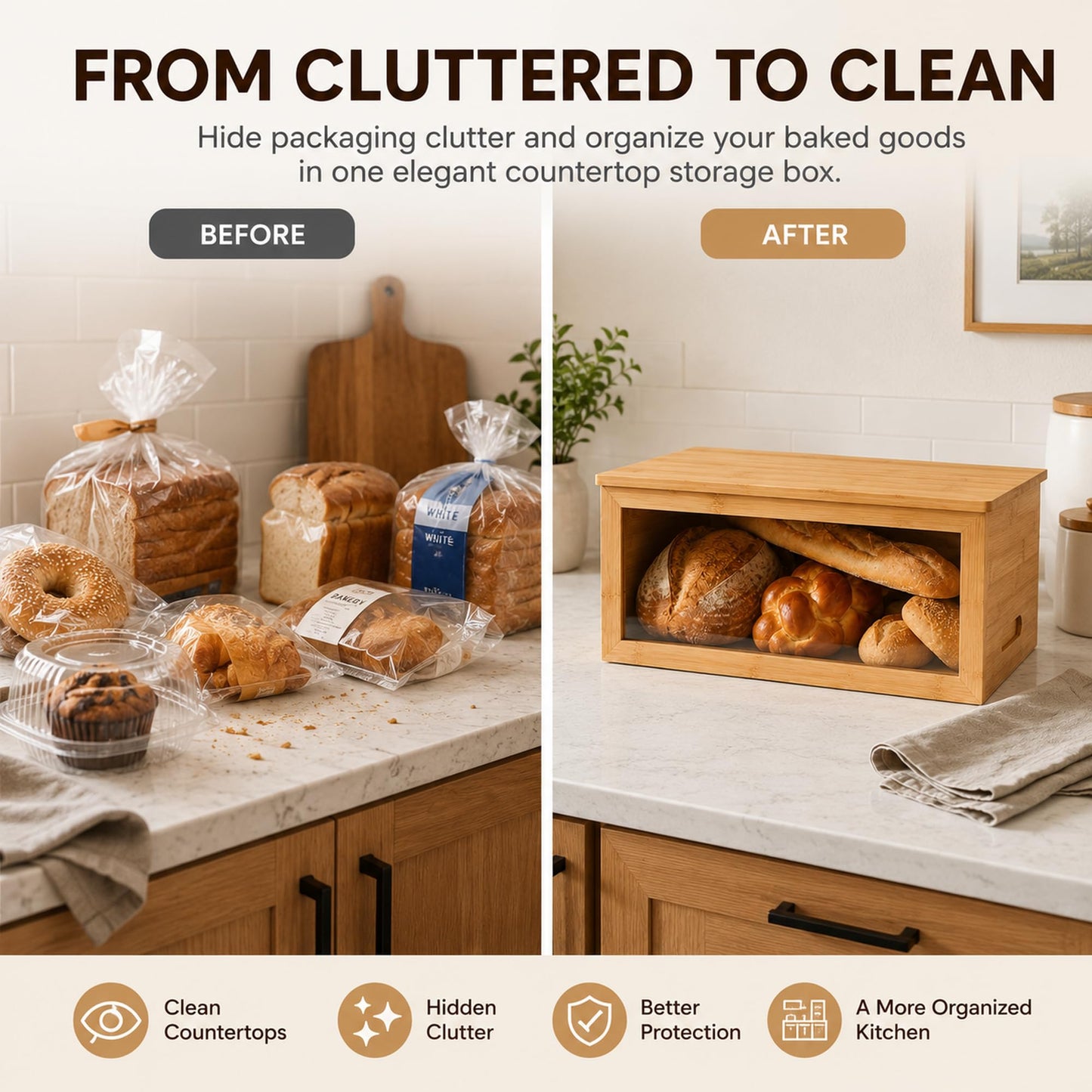Inspera Bamboo Bread Box with Cutting Board Lid – Large Wooden Kitchen Countertop Storage Bin for Loaves and Pastries – Clear Acrylic Window Display – 15.4 x 9.9 Inch
