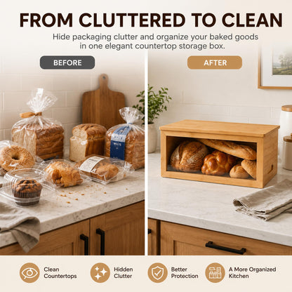 Inspera Bamboo Bread Box with Cutting Board Lid – Large Wooden Kitchen Countertop Storage Bin for Loaves and Pastries – Clear Acrylic Window Display – 15.4 x 9.9 Inch