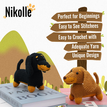 Nikolle Crochet Kit for Beginners with Step-by-Step Video Tutorials Crochet Animal Kit Crochet Starter Kits for Adults Kids - Dachshund(Black)