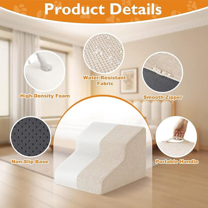 Dog Stairs for Small Dogs 11.5’’ H, 2-Step Dog Steps for Bed, Pet Stairs and Ramp for Dogs and Cats to Get on Beds, Couch, Non-Slip Balanced Pet Steps with Waterproof Cover, Beige