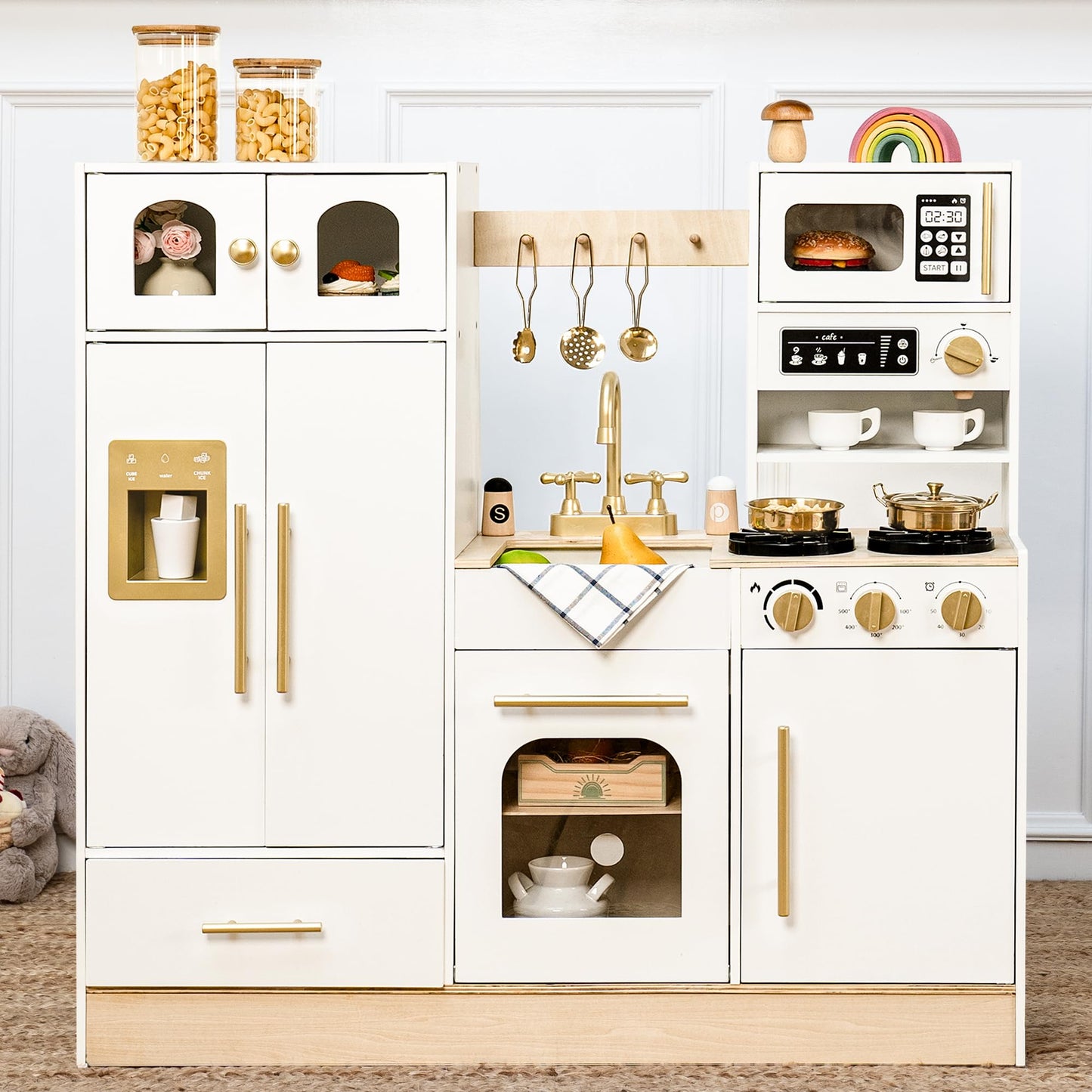 Leeshyah Wooden Kids Play Kitchen, Pretend Cooking Toy Set with Stove, Sink, Coffee Maker & 11 Accessories, Montessori-Inspired Kitchen Playset for Toddlers Ages 3+