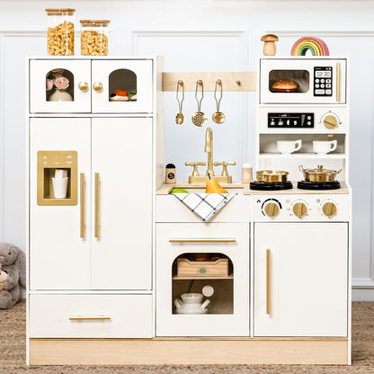 Leeshyah Wooden Kids Play Kitchen, Pretend Cooking Toy Set with Stove, Sink, Coffee Maker & 11 Accessories, Montessori-Inspired Kitchen Playset for Toddlers Ages 3+