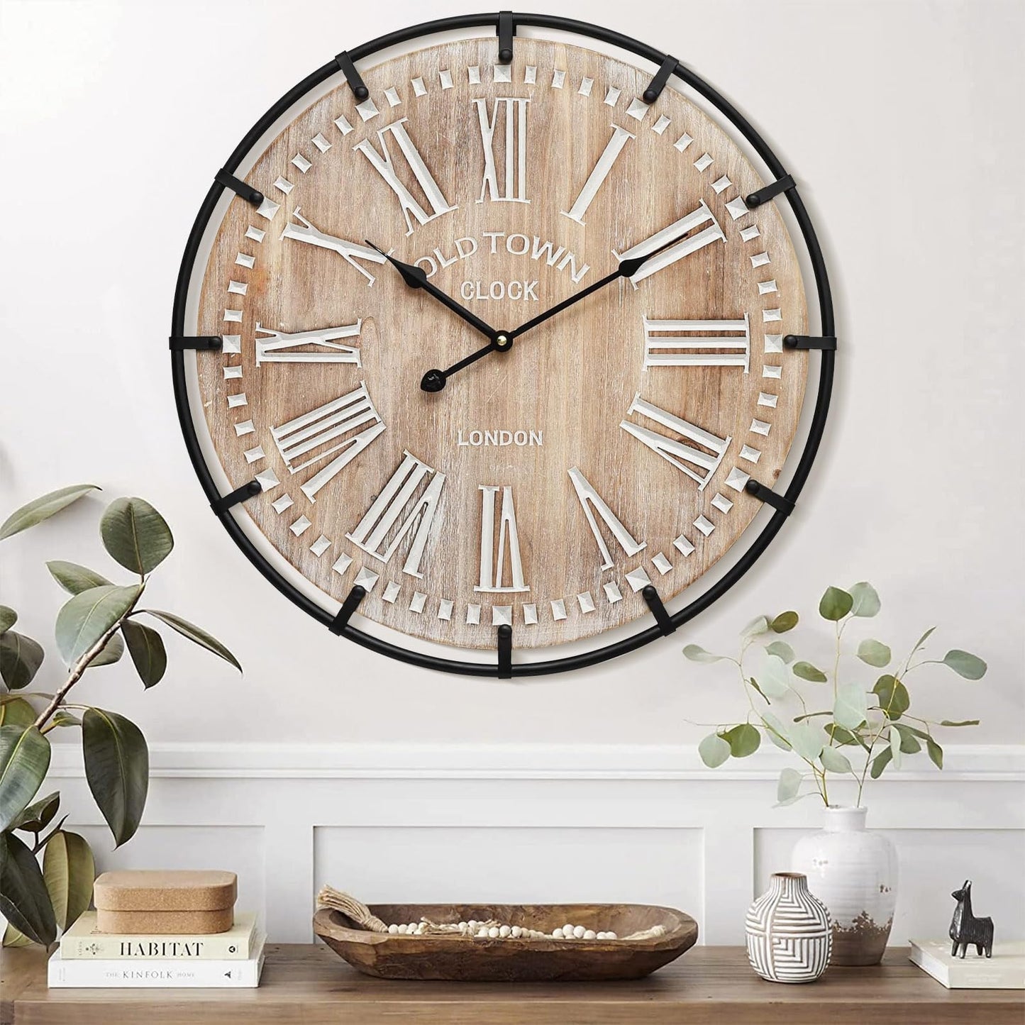 MODE HOME 24 Inch Large Farmhouse Wall Clock,Rustic Wooden Wall Clock Decorative with Metal Circle and Engraved Numerals, Silent Battery Operated for Kitchen Bedroom Living Room Fireplace Mantel