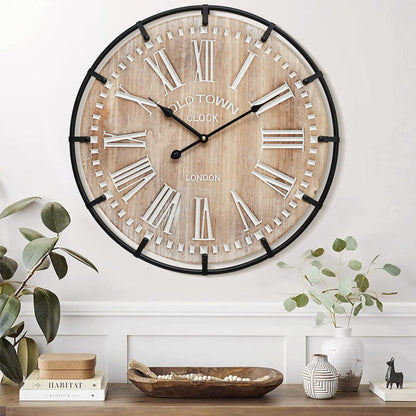 MODE HOME 24 Inch Large Farmhouse Wall Clock,Rustic Wooden Wall Clock Decorative with Metal Circle and Engraved Numerals, Silent Battery Operated for Kitchen Bedroom Living Room Fireplace Mantel