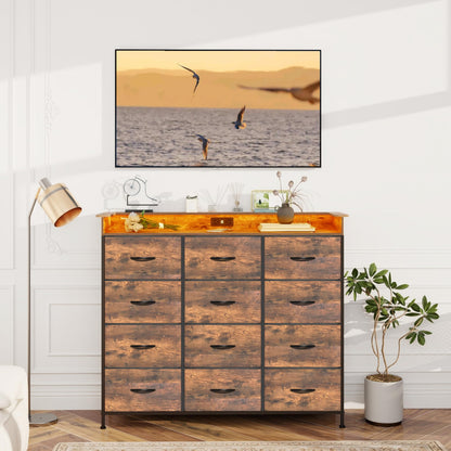 Welfuturer Dresser for Bedroom with 12 Drawers Clothes Dresser with Charging Station and LED Light Fabric Storage Tower for Living Room Hallway Closet Sturdy Steel Frame Wooden Top Rustic Brown