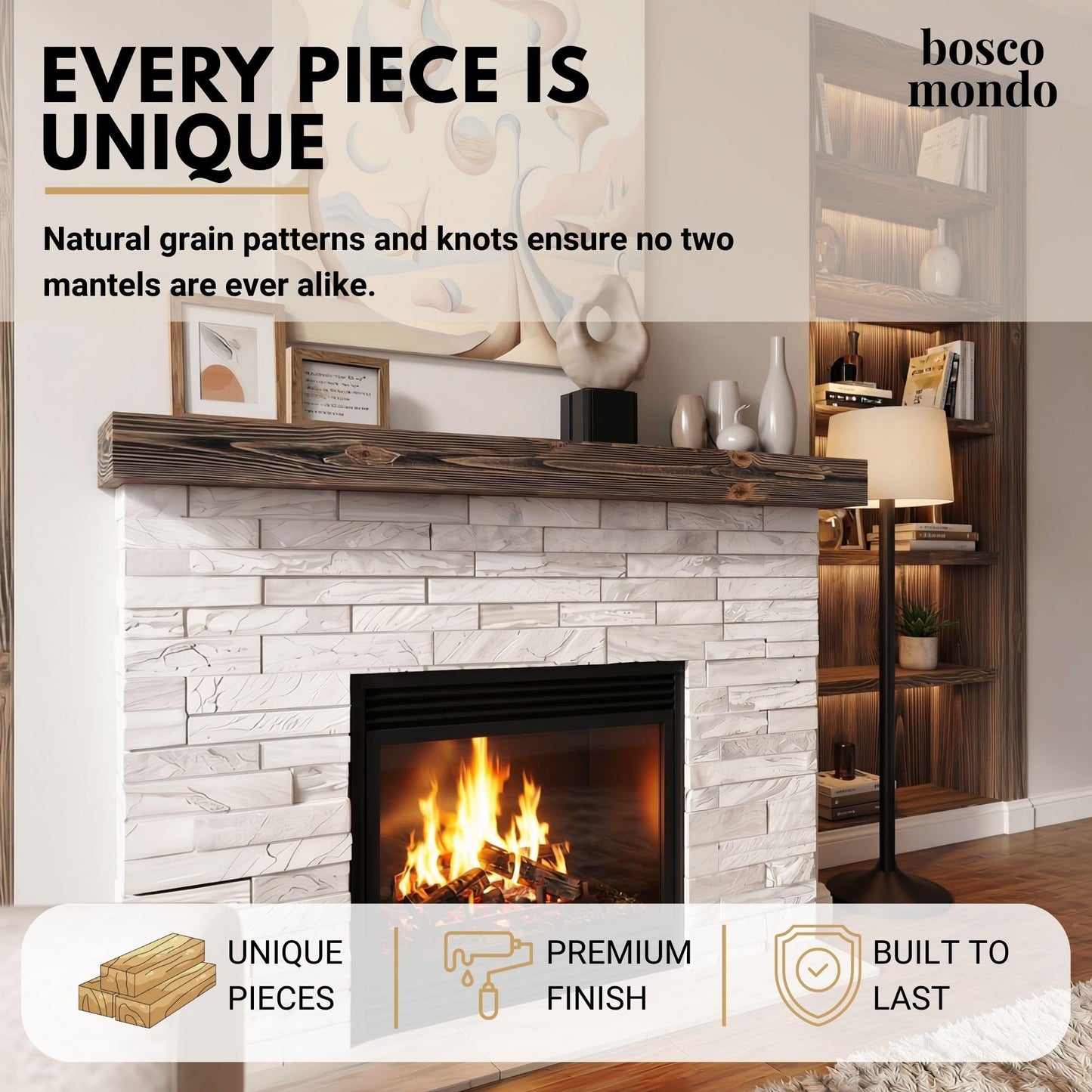 BoscoMondo Solid Wood Fireplace Mantel Shelf, Floating Mantle for Living Room, Farmhouse Rustic Wood Mantel, Easy Wall Mount with Heavy-Duty Metal Bracket (60", Walnut)