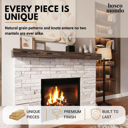 BoscoMondo Solid Wood Fireplace Mantel Shelf, Floating Mantle for Living Room, Farmhouse Rustic Wood Mantel, Easy Wall Mount with Heavy-Duty Metal Bracket (60", Walnut)
