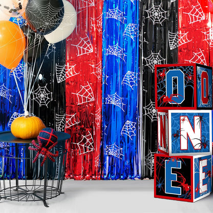 Spider Birthday Party Decoration, including 2Pack Spider-web Printing Foil Fringe Curtains, 1pack Spider Themed Birthday Banner & Balloons for Spide-party Photo Booth Props Streamers Backdrop Decor