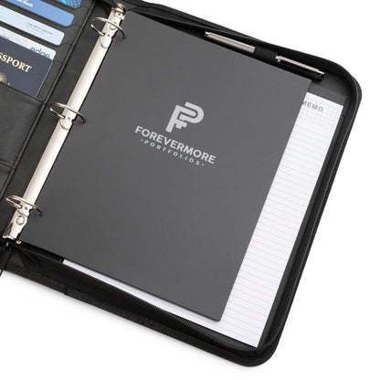 Forevermore Portfolios Portfolio Organizer - 3 Ring Binder with Notepad - 1.5 Inch Rings - Zippered Storage Pockets for Papers, Travel Documents, Presentation Folder, Cards, Passport, Tickets - Black