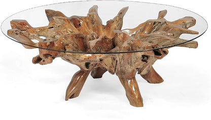 CHIC TEAK Genuine Teak Wood Root Coffee Table Including 55 Inch Round Glass Top Made