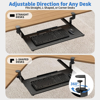 Strifuture Keyboard Tray Under Desk - Full Metal Slide Out Holder, Rust-Resistant & Scratch-Proof, Double C-Clamps, 26x13" Tray for L Shape/Regular Desks, Standing/Sitting Workstation(Black-B)