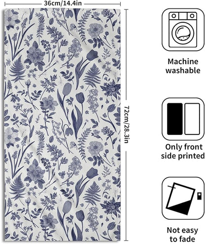 Spring Floral Hand Towels for Bathroom Set of 2 Blue White Flower Leaves