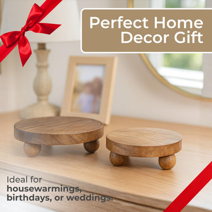 Set of 2 Round Wooden Riser Trays – Handcrafted Mango Wood Pedestal Stands – Rustic Decorative Home Decor for Modern Coffee Table, Kitchen, or Office – 10", Brown