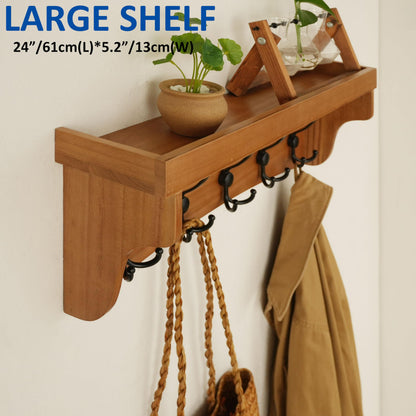 WEBI Wall Shelf with Hooks Underneath,24" Long Coat Rack Wall Mount with Shelf,Key Rack for Wall,5 Triple Hooks for Hanging Coats,Clothes,Jacket,Bathroom,Entryway,Light Brown