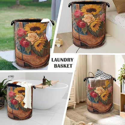 Cowboy Boots Laundry Basket, Wooden Sunflowers Foldable Oxford Cloth Tote Bag