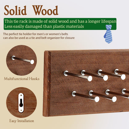 TreeHouse London Tie Rack Organizer – Holds 40 Large Ties – Solid Wood & Sturdy Metal Storage Holder for Closet – Wall Mounted Tie Display Hanger for Wall, Bedroom - (Walnut Tie Rack) 16" L X 4.25" H