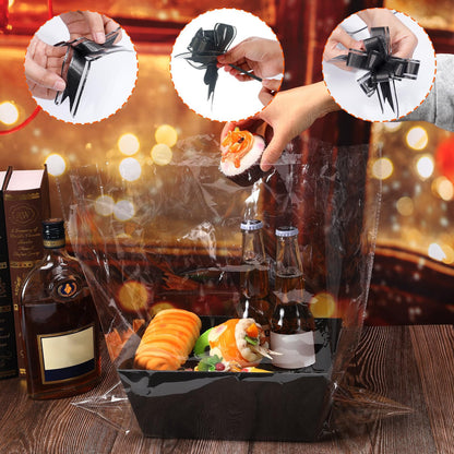 MADHOLLY 6 Set Baskets for Gifts Empty - Sturdy Kraft Gift Basket Kit with Cellophane Wrap Pull Bows for Men, Father’s Day, Career Promotion, Birthday Gift Wrapping, Black