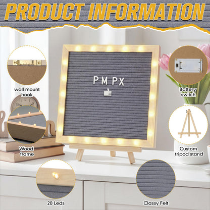 wearage 10x 10 Inch Changeable Felt Letter Board with LED Lights, Message Custom Felt Letter Board with Wooden Stand and 300 Letters for Pregnancy Announcement Classroom Decor Poster (Grey)