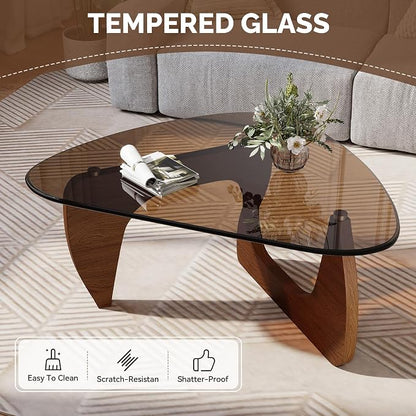 Modern Glass Coffee Table, Triangle Center Table with Tempered Glass Top& Unique Wooden Base, 35.5” Mid Century Tea Tables for Living Room, Apartment, Office,Walnut & Brown