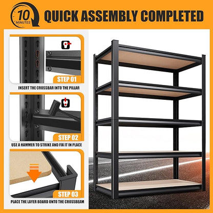 71.2"H-45.6"W Garage Shelving Heavy Duty Storage Shelves, Metal Adjustable Shelving Unit, Utility Garage Organizer Shelf for Basement, Pantry, Kitchen, Warehouse, 45.6"Wx17.7"Dx71.2"H, Black