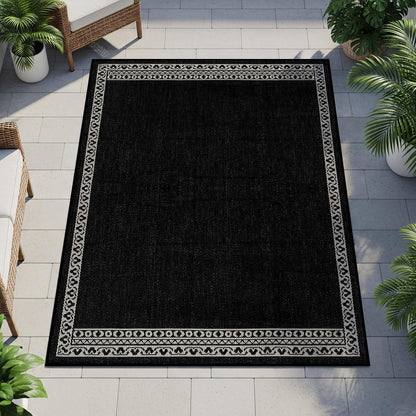 Washable Outdoor Rug 5x7 Modern Area Rugs Outdoor Carpets Bordered Pattern Non Shedding Waterproof Easy Clean Patio Deck Porch Living Room Bedroom Garden RV (5 X 7 Black)
