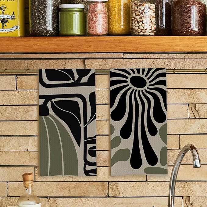 Sage Green Groovy 70s Retro Kitchen Towels Set of 2