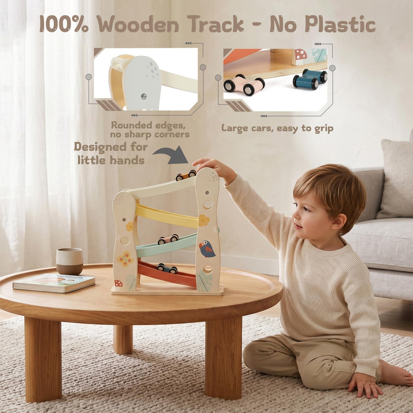 Freniland Wooden Car Ramp Toy with Cars, Toddler Race Track Set, Montessori Toys for 1-3 Year Old Boys Girls, Car Toys for Toddlers Age 18+ Months