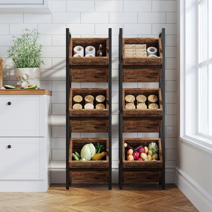 LITTLE TREE 3-Tier Basket Stand, Wooden Floor Stand Shelving Unit, Standing Organizer Storage Rack for Kitchen, Bathroom, Living Room (Rustic)