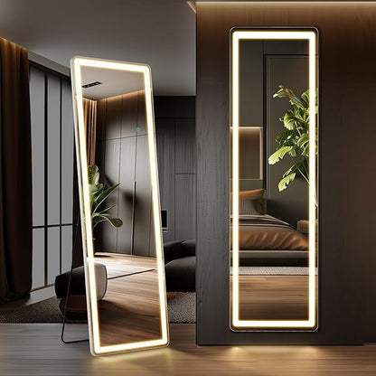 OLIXIS 16"x 60" LED Full Length Mirror with Lights, Standing Lighted Floor Full Body Mirror with 3 Color Lighting, Wall Mounted Mirrors for Bedroom, Bathroom, Entryway with Tempered Glass