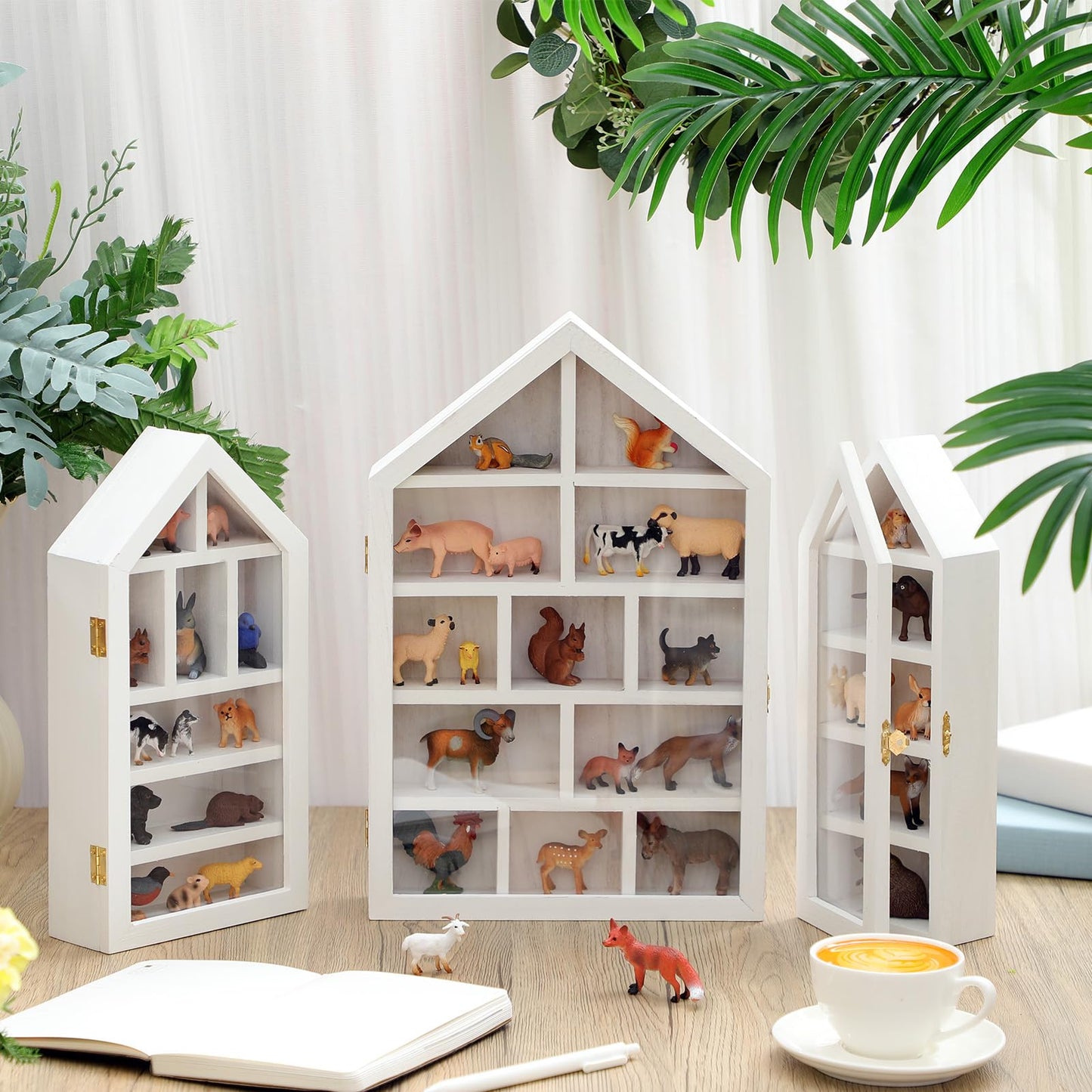 DoubleFill Set of 3 Wooden Shadow Box Frame with Shelves Large Trinket Shelf Display Cases Wall Mounted for Mini Figures Curio Cabinet Medals Wedding Bouquet Photos(White,House Shape)