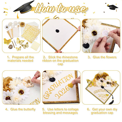 Wavwavw 43 PCS DIY Graduation Cap Decorations Kit, Grad Cap Decorations Included Faux Flowers 3D Butterfly Self Adhesive Rhinestones Stickers Alphabet Letter Stickers for 2026 Grad Party(White)