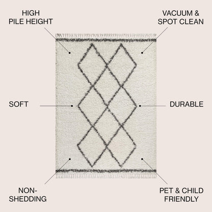 JONATHAN Y Mercer Shag Plush Tassel Cream/Gray Indoor Area Rug, 5x8, Moroccan Geometric Trellis, Bohemian, Easy-Cleaning for Living Room, Bedroom, Kitchen, Pet Friendly, Non-Shedding (MCR103B-5)