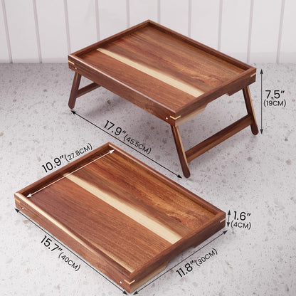 Fibogollo 2 Pack Acacia Wood Bed Tray Table with Folding Legs,Breakfast Trays,Serving Tray for Food and Snack,Laptop Trays for Working(Natural)