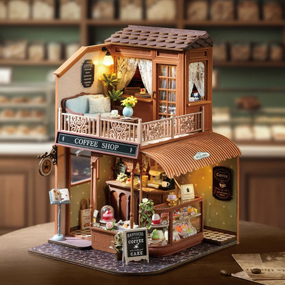 CUTEROOM Miniature House Kits for Adults,Mini Dollhouse Wooden Furniture Kit, DIY Craft Kits Creative Room Tiny House for Decoration- Coffee Shop