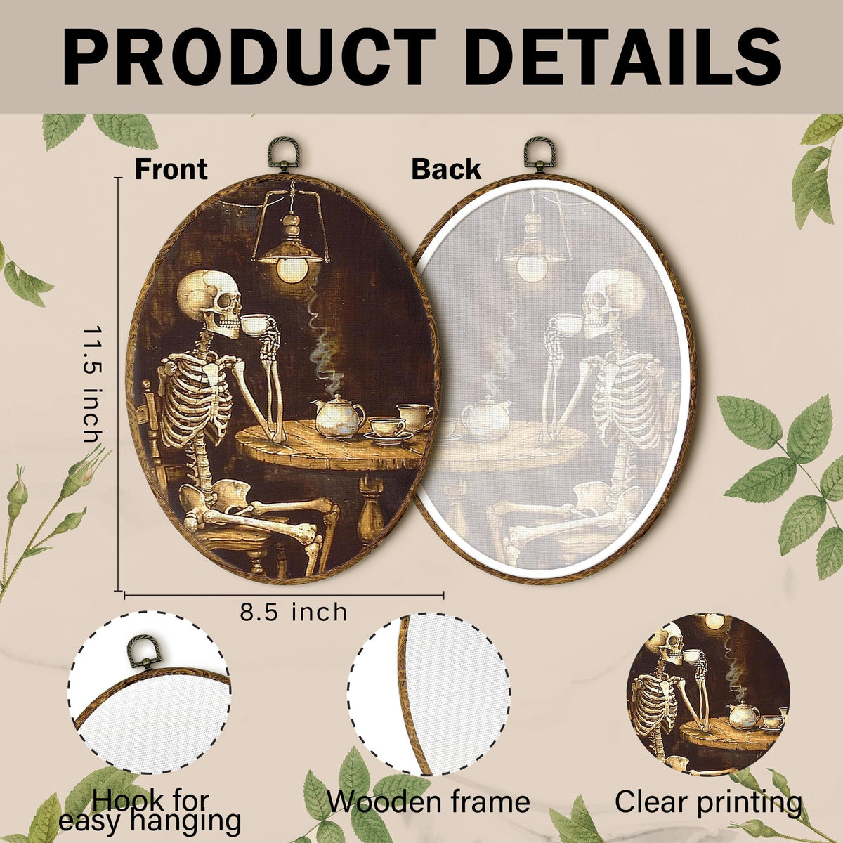 EGVQK Vingate Halloween Skeleton Oval Wall Art Decor, Spooky Gothic Skull Framed Canvas Prints Wall Art, Dark Academia Oval Canvas Hanging Decor for Coffee Bar Halloween Decoration Indoor, 8.5x11.5in