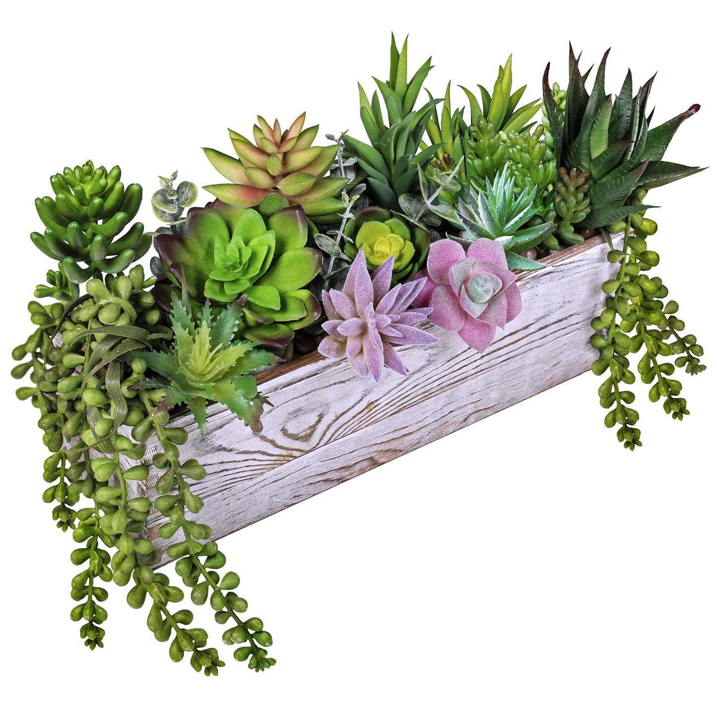 Winlyn 19 Pcs Assorted Artificial Succulents in Rectangular Wooden Pot Succulents Garden in Wood Planter Box Potted Succulents Plants Arrangement for Table Centerpiece Windowsill Greenery Decor